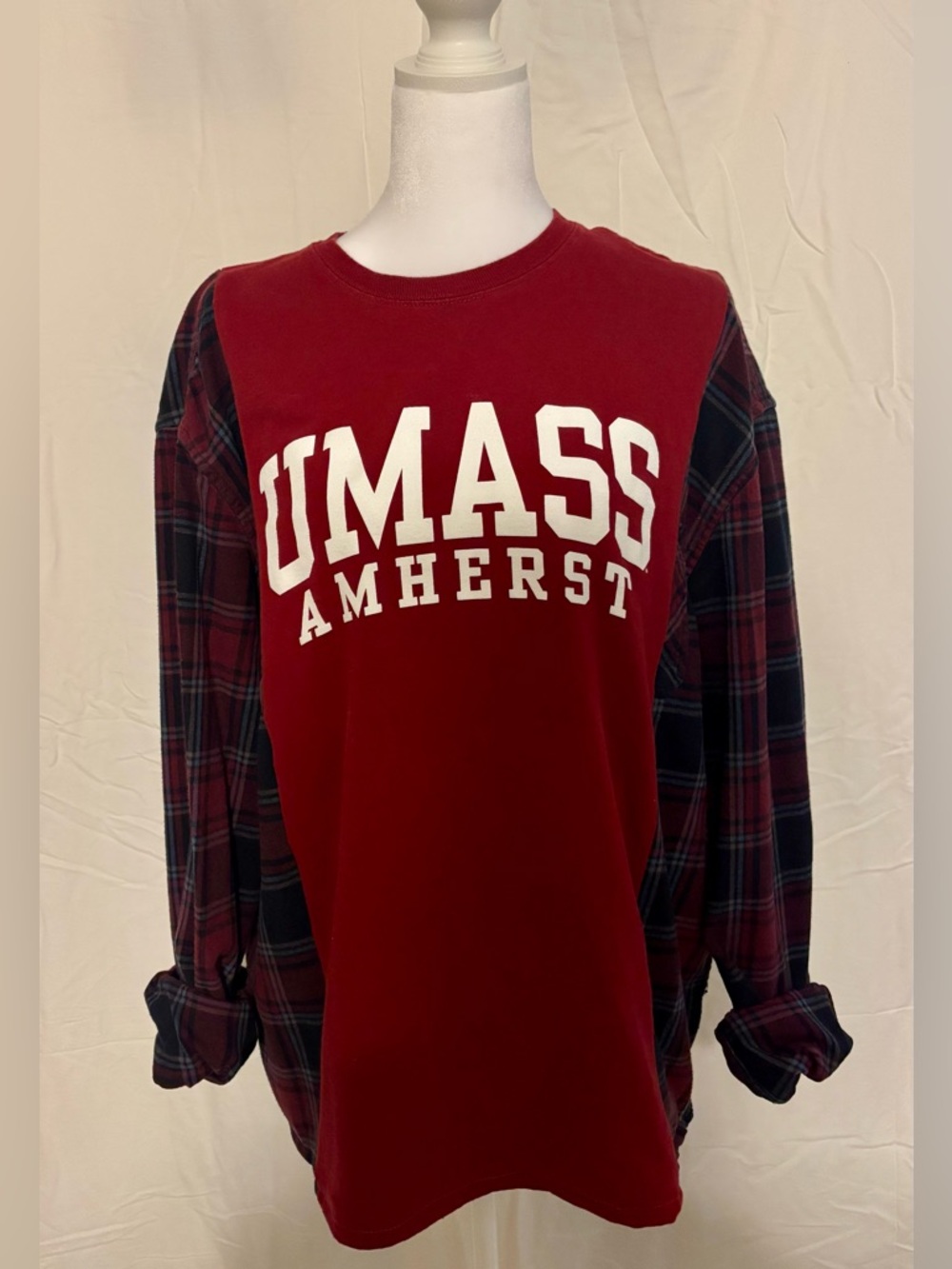 Custom UMass Amherst Long-Sleeve Pullover Shirt - Maroon Plaid Upcycled